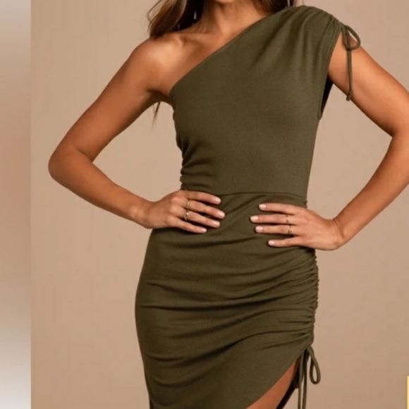 Lulu's Green Asymmetrical Ruched One Shoulder Dress - Picture 1 of 8